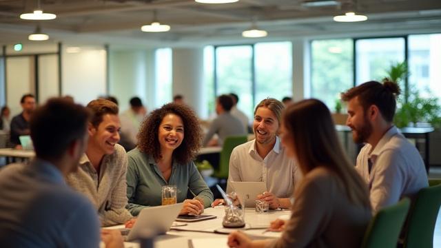 A vibrant office space with happy, engaged employees interacting, representing strong employee engagement.